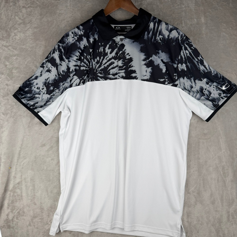 Oakley Hydrolix Mens XL Golf Polo Shirt White Black‎ Tie Dye Print Regular Fit